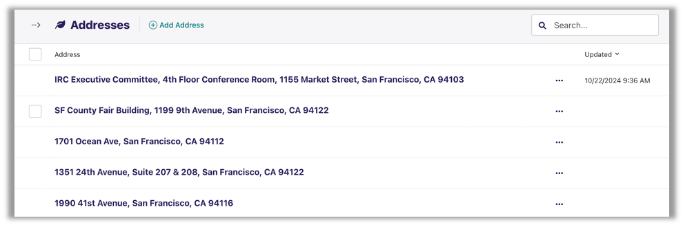 addresses interface with button to add and list of addresses