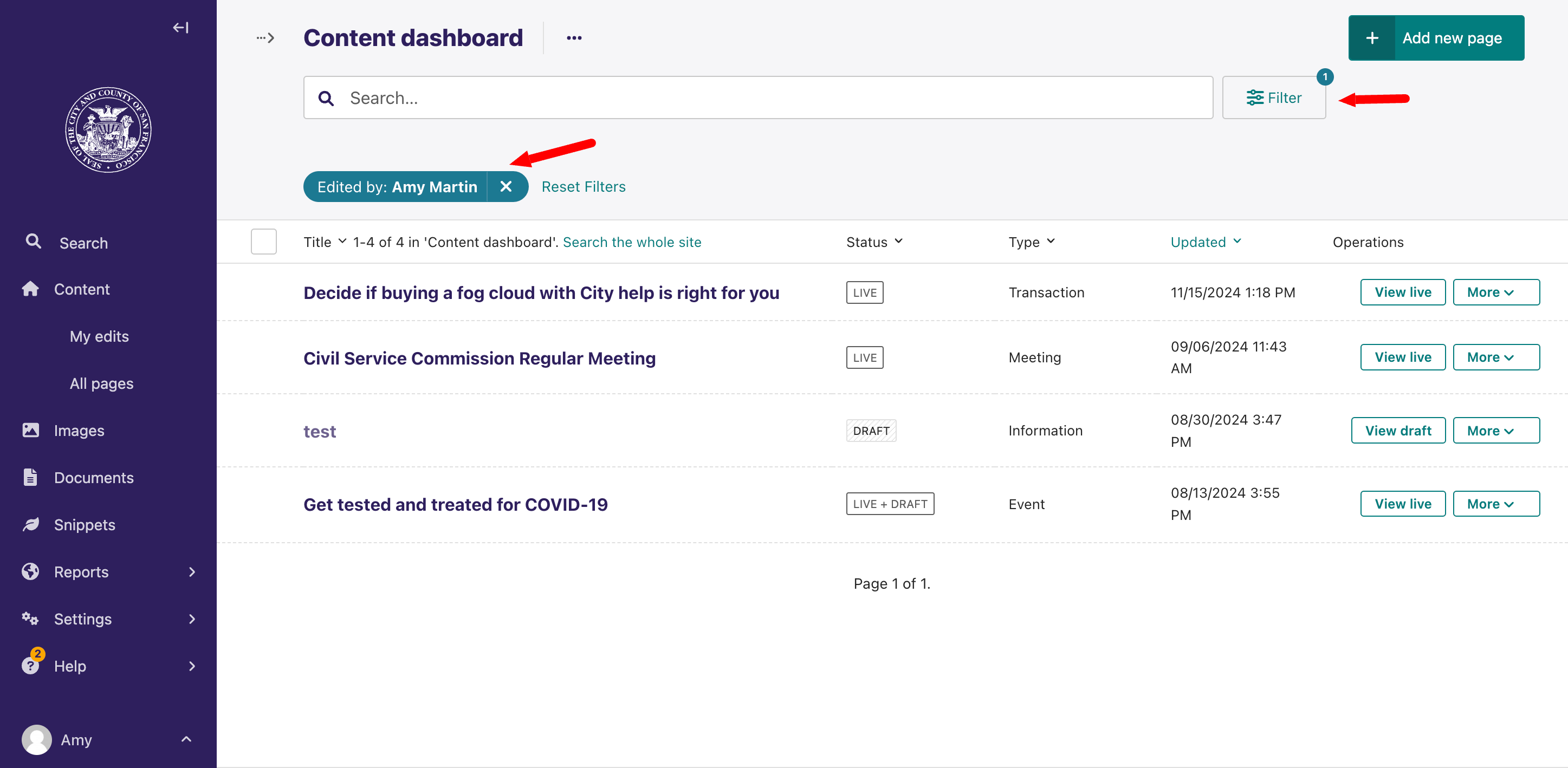 content dashboard showing where to clear filters for my edits