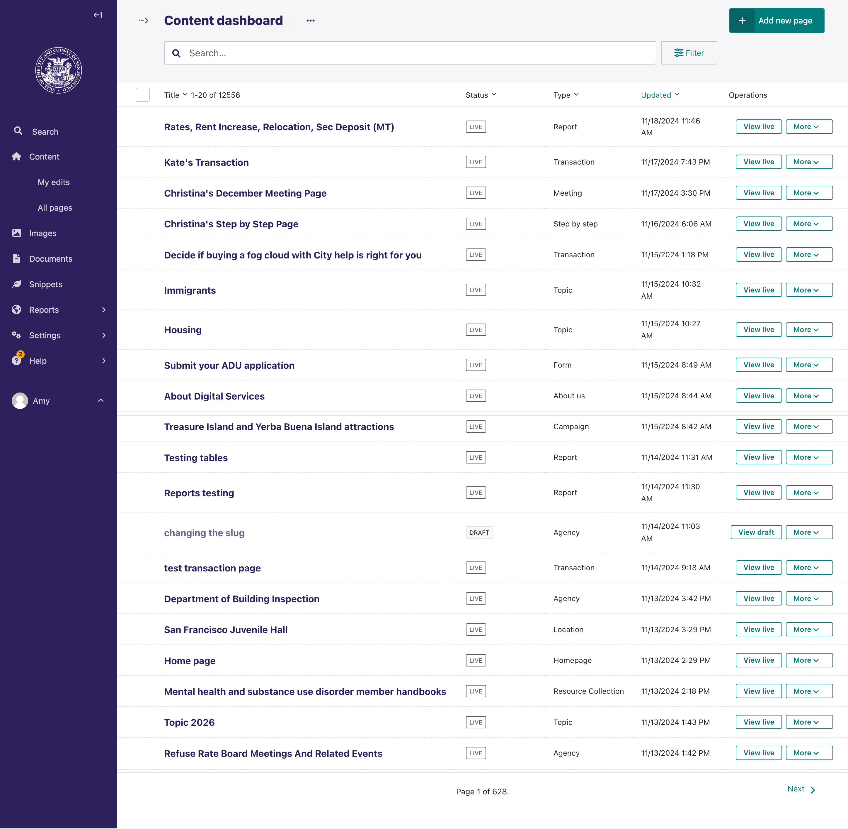 content dashboard with list of pages