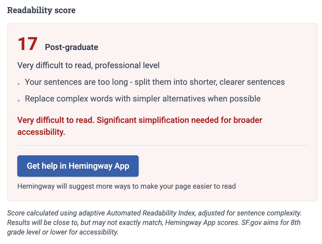 Interface of a readability score indicating a very difficult level, with suggestions to improve readability and a button for help in Hemingway App.