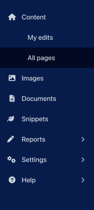 left menu in content dashboard with all options displayed